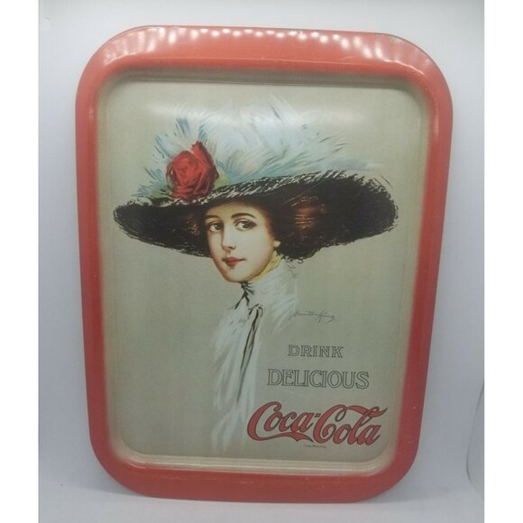 Drink Delicious Coca Cola Serving Tray Wall Decor Woman Big Floppy Hat Red 1970s - Picture 1 of 11